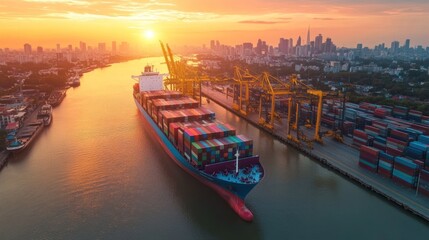 Fototapeta premium A cargo ship navigates a river at sunset, with cranes and containers in the background.