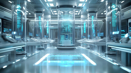 Futuristic 3D AI-Powered Research Lab Background with Glossy Holographic Displays and Cutting-Edge Technology - High-Tech Innovation Environment Icon