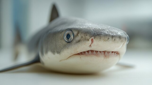 Close-up of a shark&acirc;&euro;&trade;s head on a clean white backdrop, showcasing its features