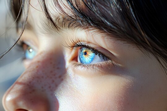 Visual acuity keratitis and saccadic eye movement freckled face with a striking blue eye illuminated by natural light symbolizing innocence beauty and the purity of human emotion