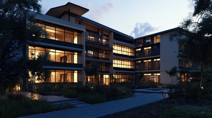 Obraz premium Modern building illuminated at dusk, surrounded by greenery and a pathway.