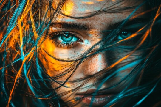Zonular fiber exophthalmia and keratometry blue and orange eyes surrounded by flowing hair representing natural beauty vibrancy and the fluid connection between human expression and nature