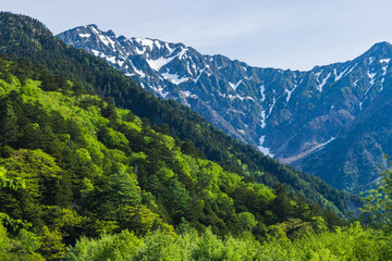 Obraz premium 日本 長野県松本市安曇にある山岳景勝地の上高地 新緑に囲まれた山々と後ろに見える穂高岳