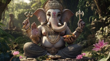 Fototapeta premium A gold and silver elephant statue of Ganesha is holding a sword and a bowl