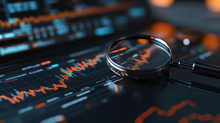 A close-up view of a magnifying glass over a financial chart, showcasing trends and data analysis in a modern digital setting.