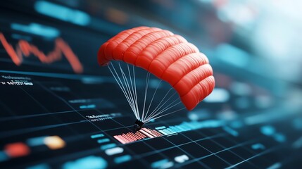 Obraz premium A close-up of a red parachute gliding over a digital graph, symbolizing risk and investment in finance and technology.