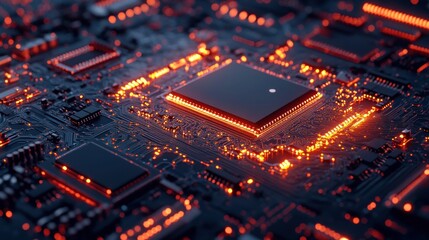 Fototapeta premium Close-up of a circuit board with glowing components, showcasing technology and innovation.