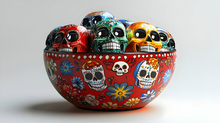 3D Glossy Offering Bowl with Reflective Sugar Skulls - Mid Shot of Modern Dia de Muertos Tradition on Dark Background