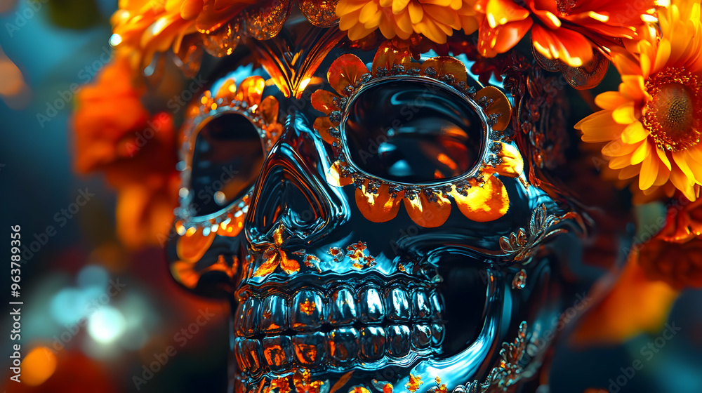 Wall mural 3D Glossy Sugar Skull Surrounded by Reflective Marigolds on Dark Background - Vibrant Dia de Muertos Icon for Celebrating Life and Remembrance