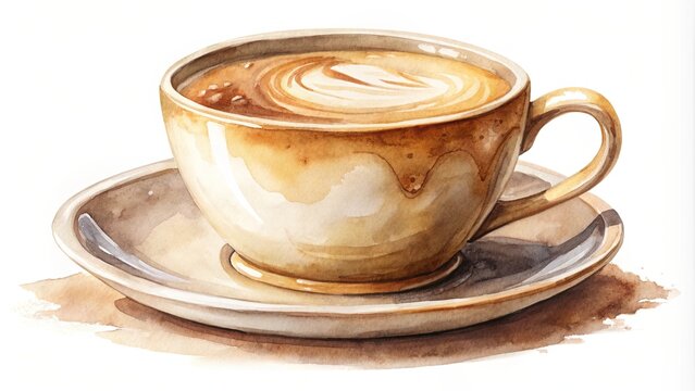 A hand-drawn watercolor illustration of a coffee cup, with soft brushstrokes creating a textured and artistic look. The cup features subtle shading and earthy tones, giving it a warm and inviting appe