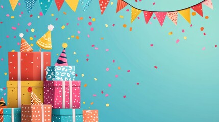 Obraz premium A colorful birthday party with a stack of presents and a party hat