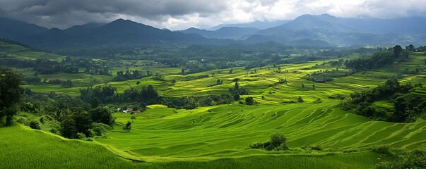 Obraz premium Verdant Rice Terraces and Misty Mountains