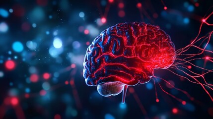 Futuristic depiction of a human brain with neural connections illuminated, symbolizing advanced neuroscience and artificial intelligence.