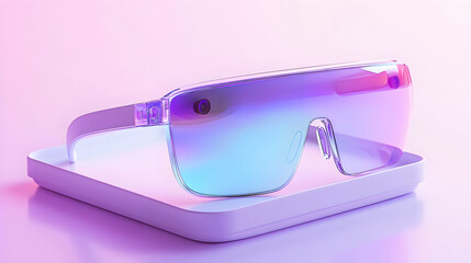 3D Holographic Smart Glasses on Glossy Tray - AI-Integrated Wearable Technology Design Concept with Ample Copy Space