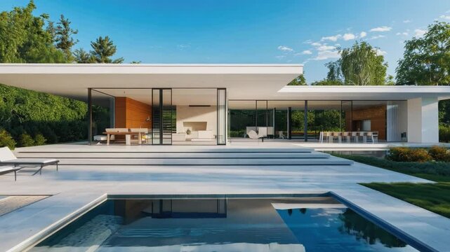 modern villa featuring expansive glass walls, clean architectural lines, and a minimalist design. 