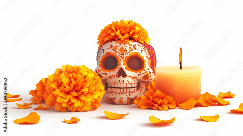 Wall mural 3D Ofrenda and Marigold Petal Vector - Dia de Muertos Iconic Illustration on Isolated White Background