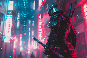 A lone samurai stands in a futuristic neon-lit cityscape, his back to the camera, holding a katana.