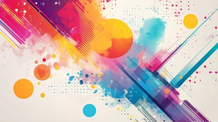 Obraz premium Vibrant abstract art with dynamic splashes of colors and geometric shapes, perfect for modern and creative backgrounds.