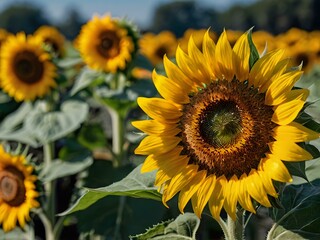 beautiful sunflowers close up in photo in flower garden