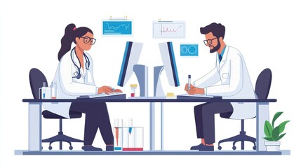 Two scientists working at computers in a lab, analyzing data and conducting research.