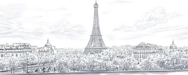Sketch of the Eiffel Tower and Parisian Buildings with Trees
