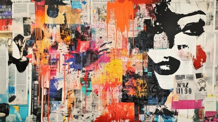 Fototapeta premium Vibrant abstract mixed-media collage with newspapers and bold colors, featuring a partially obscured face for a contemporary art piece.
