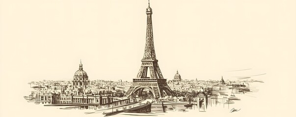 Hand-Drawn Sketch of the Eiffel Tower and Paris Skyline