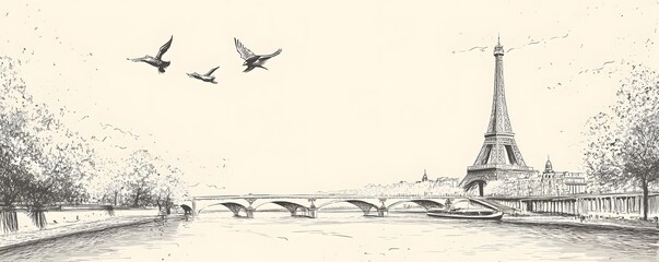A Sketch of the Eiffel Tower and a Bridge Over the Seine River in Paris