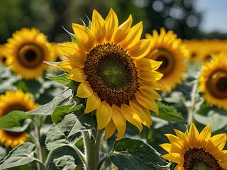beautiful sunflowers close up in photo in flower garden