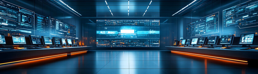 Fototapeta premium AI Driven Energy Control Room Background: Glossy Design with Digital Monitors, Glowing Energy Grids, and Modern Technology for Efficient Energy Management Solutions