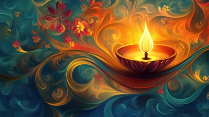 A painting of a candle in a bowl with flowers in the background