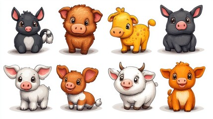 Farm animals in cartoon style on white background