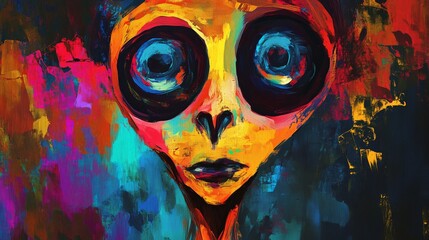 Vibrant abstract painting with a surreal, expressive face in bold colors, conveying mystery and emotion.