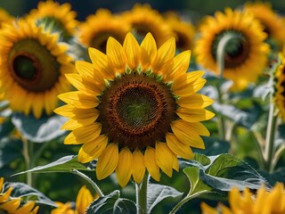 beautiful sunflowers close up in photo in flower garden
