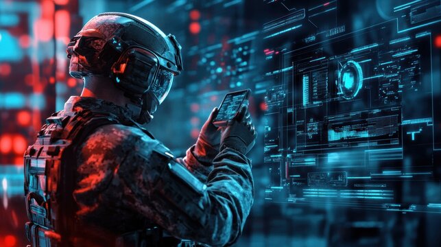 A soldier interacting with a futuristic interface while holding a smartphone.