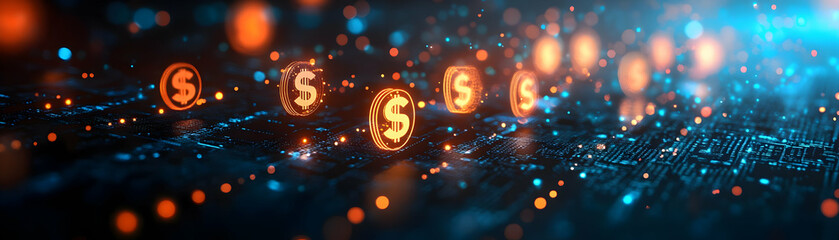 Obraz premium Modern Fintech Border Frame Design with Dollar Symbols and Financial Icons for Copy Space in Photo Stock - Impact of Fintech on Cost Management