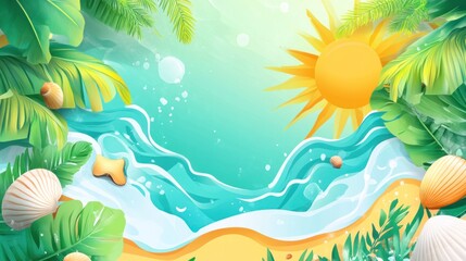 Fototapeta na wymiar A tropical beach scene with palm trees and a blue ocean