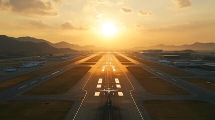 A plane is taking off from an airport runway