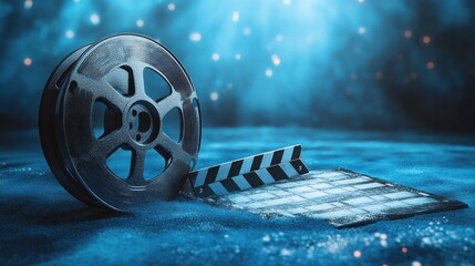 Film Reel and Clapperboard on Blue Background