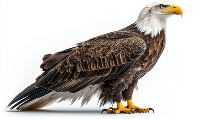 Obraz premium Full-body shot of a bald eagle on a smooth white background, emphasizing its grandeur
