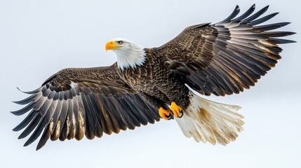 Fototapeta premium Full-body shot of a bald eagle on a smooth white background, emphasizing its grandeur