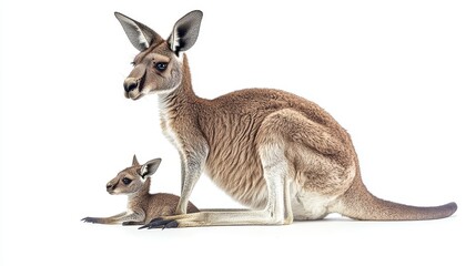 Obraz premium Full-body shot of a kangaroo with its baby joey against a clean white background, ideal for family themes