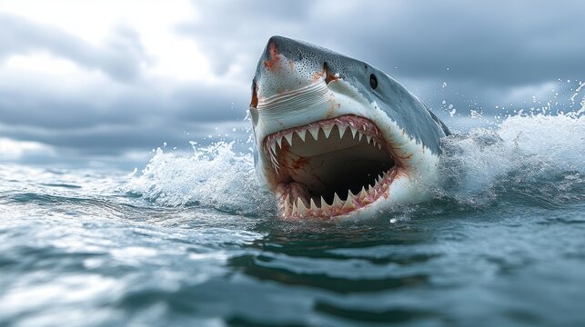 Great white shark attack scene, isolated on white