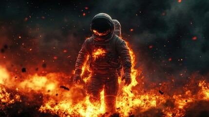 An astronaut emerges from flames, symbolizing resilience and exploration in a dramatic setting.