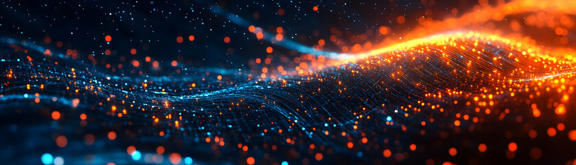 Obraz premium AI Powered Innovation Lab: Glowing Abstract Digital Art Banner Showcasing R&D Transformation with Waves, Circuits & Cost-Effective Tech Solutions