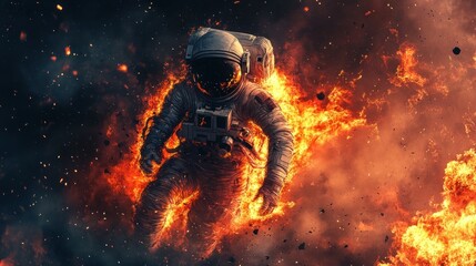 An astronaut surrounded by flames in a dramatic, surreal space scene.