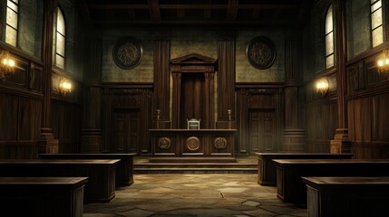 Fototapeta premium A dimly lit courtroom with wooden benches and a judge's bench at the front.