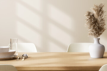 Close up view of minimal style modern contemporary dining room interior with empty area for copy space 3d render there are wooden table, white fabric chair decorated with dry grass flower in vase © onzon