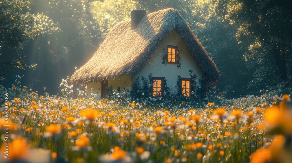 Poster Cottage in a Field of Flowers