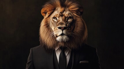 A lion with a human body in a suit, blending animal and business aesthetics.